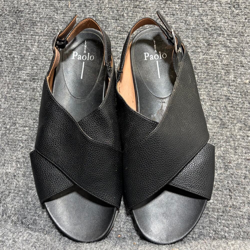Linea Paolo Raylin Slingback Black Leather Criss Cross Strap Flat Slide Women 8